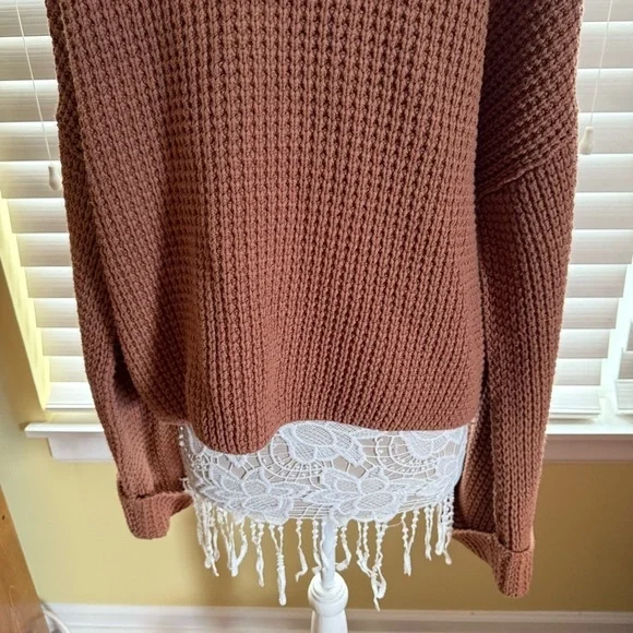 Free People Pullover Waffle knit sweater Oversized Orange Brown Distressed L - Picture 7 of 15